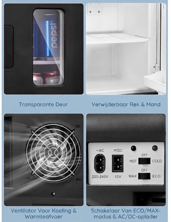 Minibar - 15L Capaciteit - Mini Koelkast - Draagbare Koelkast - Zwart - 45cm x 25cm x 31cm — afbeelding 4