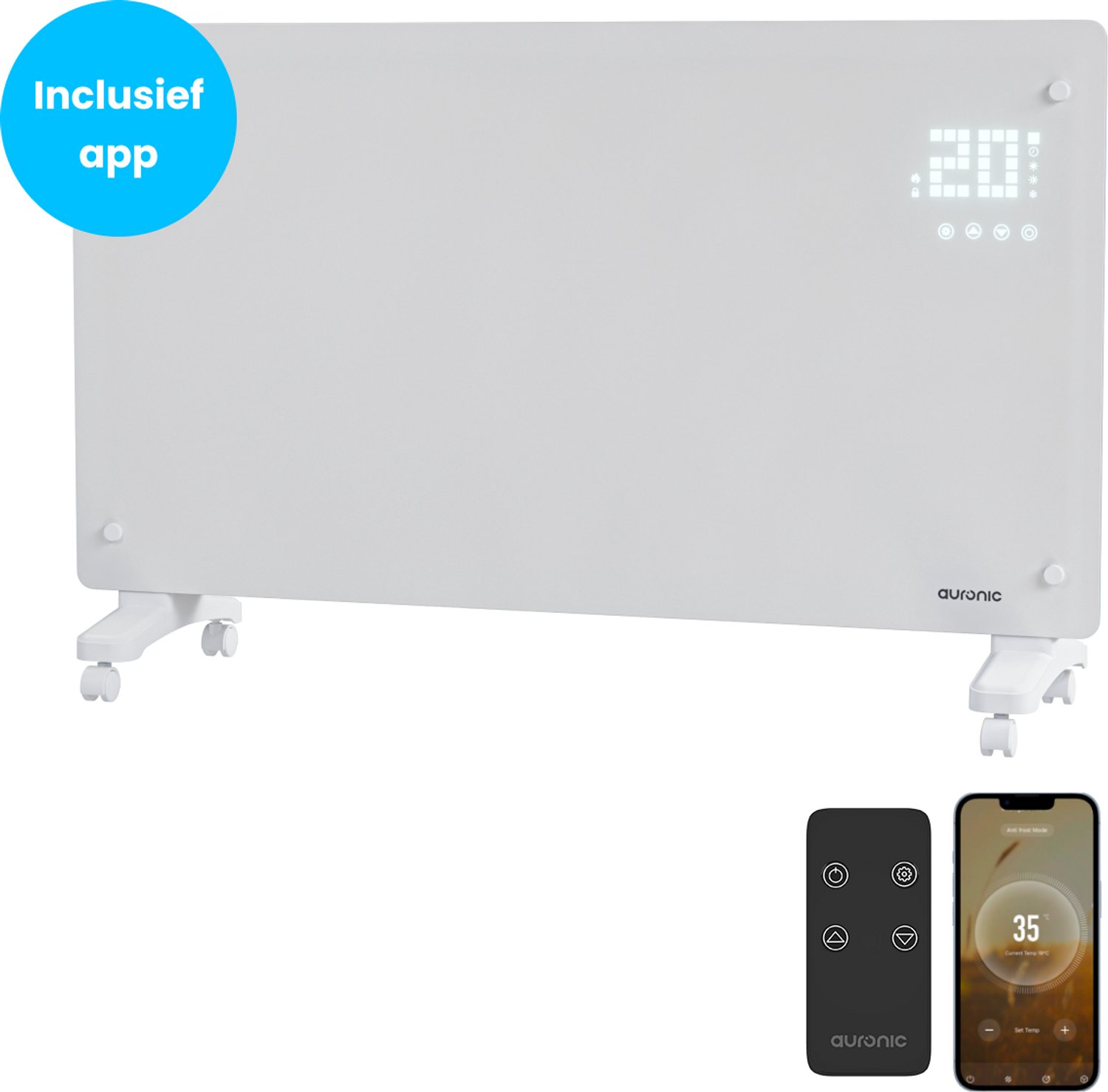 Auronic Elektrische Kachel Met App- 2500W - Convectorkachel Met Smart App & Afstandsbediening - Heater - Glazen Paneelverwarming - Badkamerverwarming - Wit