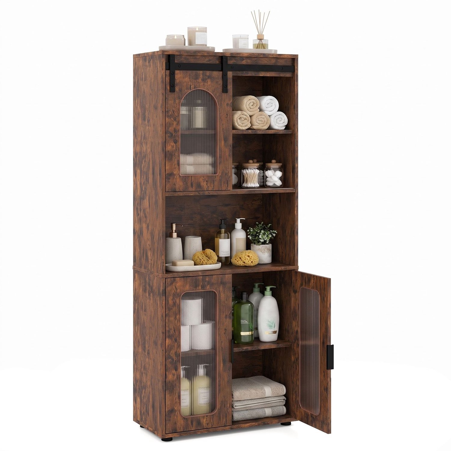 SureDeal® - Badkamerkast - Landhuisstijl - Schuifdeur Hoge Kast - Badkamer Keuken - 60x30x150 cm - Koffiebruin