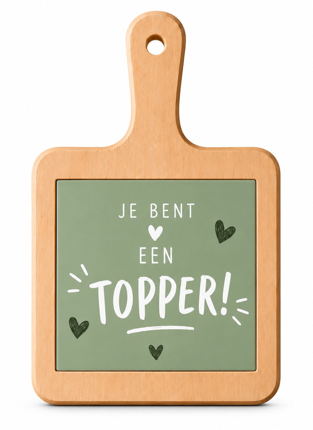 Houten Kaasplank met Bedrukte Tegel “Je bent een Topper!” – Groen Design – 18 x 31 cm