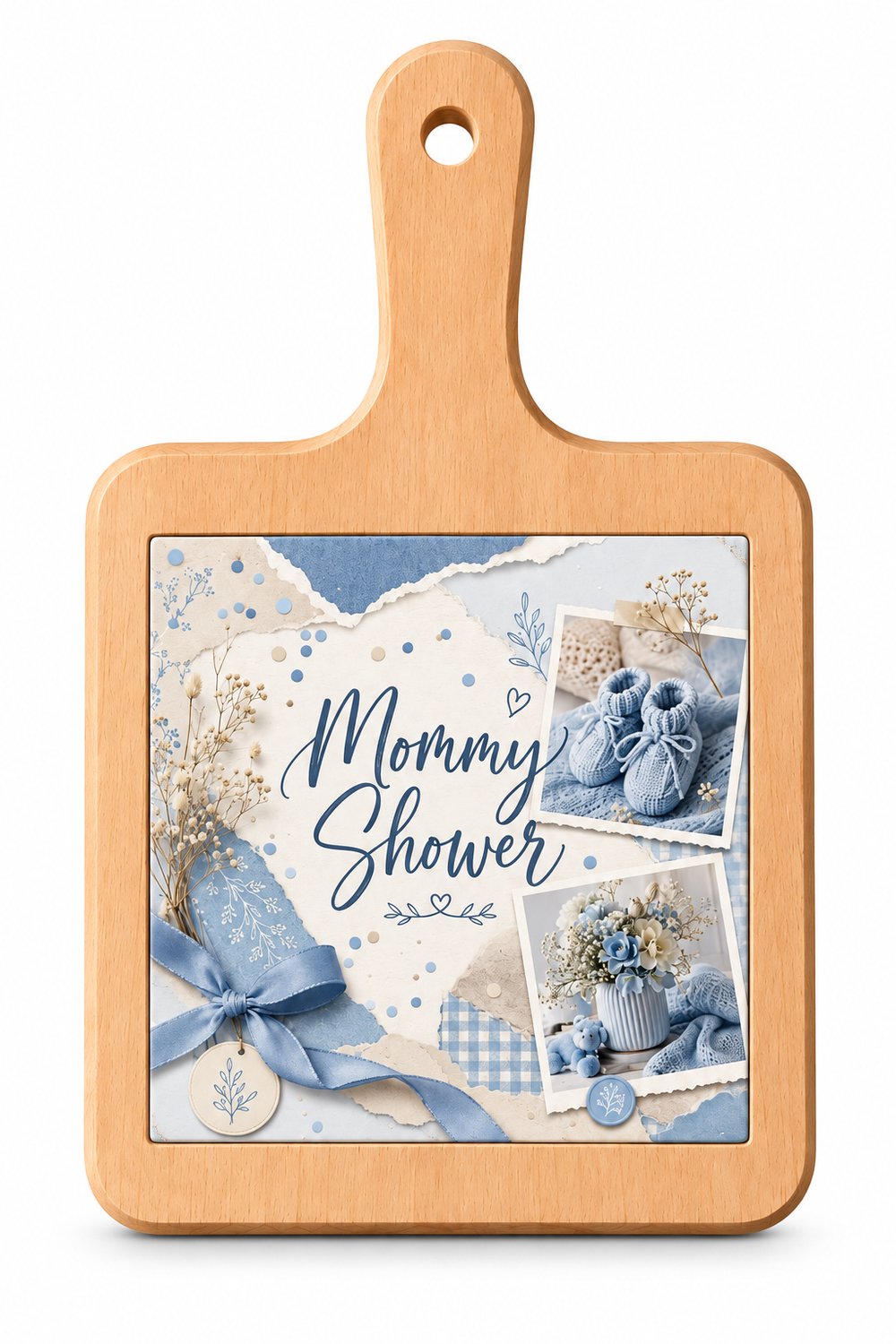 Houten Kaasplank met Bedrukte Tegel – Mommy Shower – Babyshower Jongen – Blauw Design – 18 x 31 cm – Serveerplank