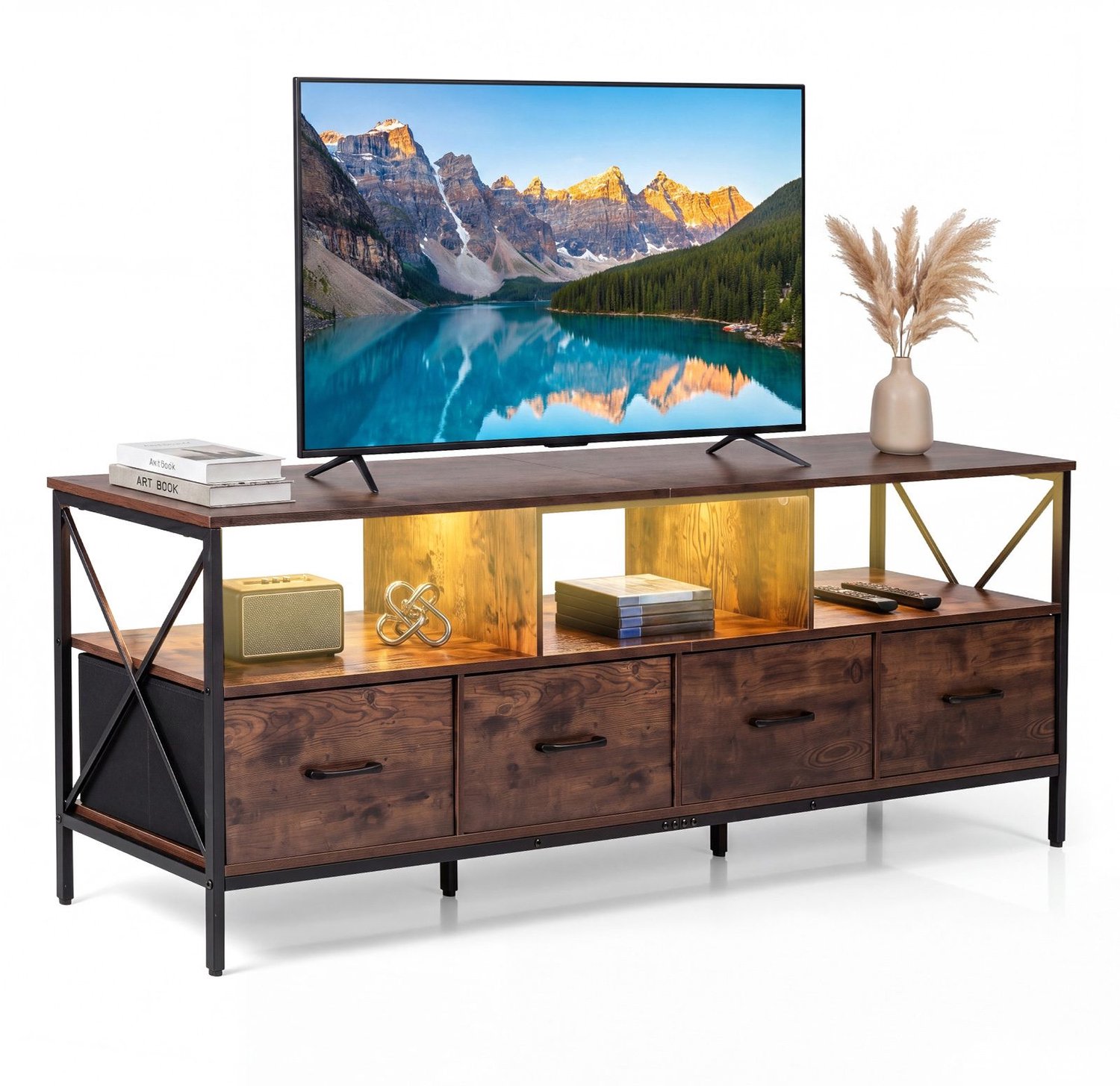 SureDeal® - TV Meubel - Kast - LED Verlichting Lowboard - Open Vakken Metalen - Woonkamer Bruin - 180x40x62 cm - Koffiebruin