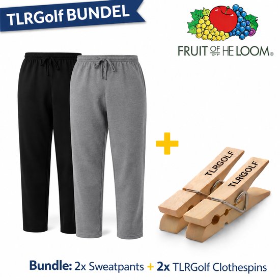 Bundel met één zwarte en één grijze Fruit of the Loom joggingbroek plus twee houten TLRGolf wasknijpers.