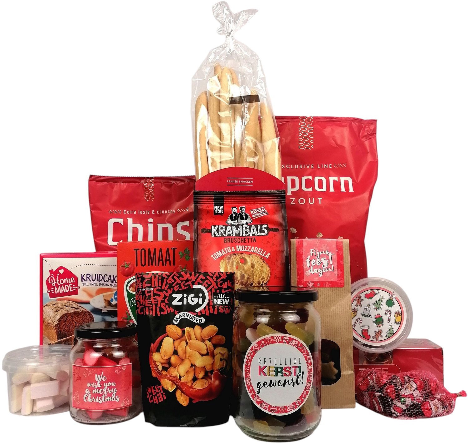 Kerstpakket "Rood" kerstpakket in kleur rood - vol heerlijkheden - kerst chocolade - chips - popcorn - thee - themakleur rood