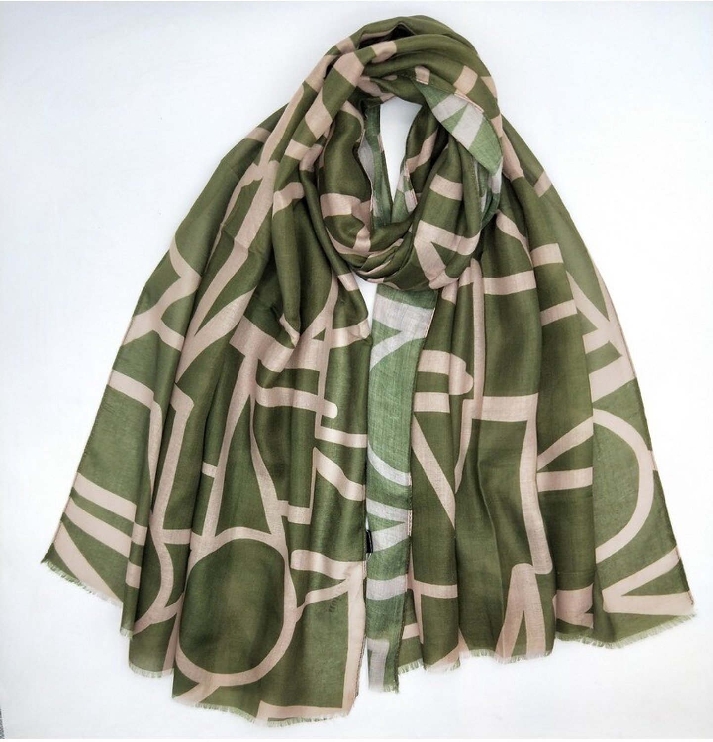 Lange dames sjaal Liselotte-fantasiemotief-olijf groen beige