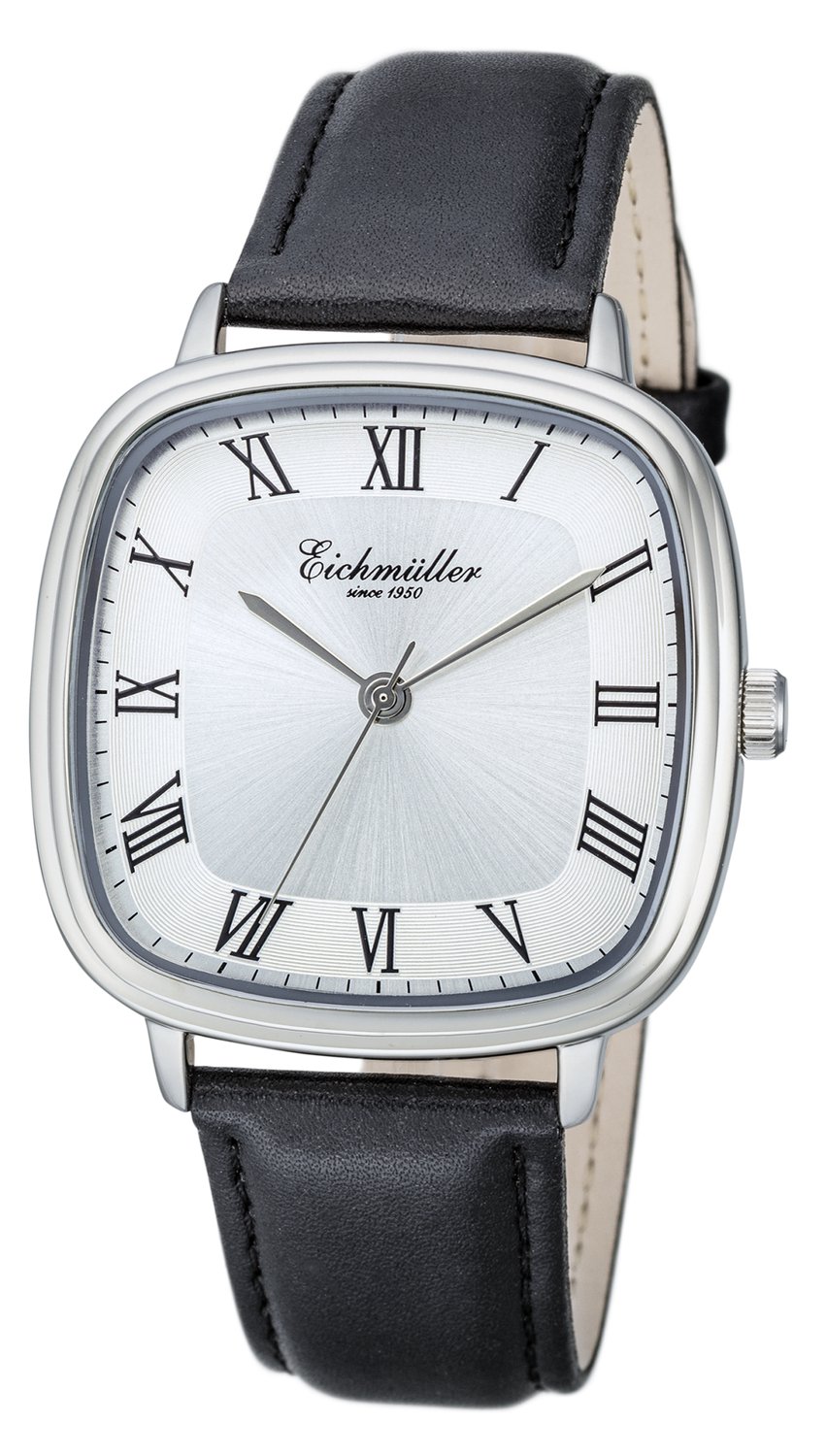 Eichmüller Rechthoekig Herenhorloge - Zwarte Horlogeband - Zilverwitte Wijzerplaat met Romeinse Cijfers - Quartz Uurwerk - 39x39 mm