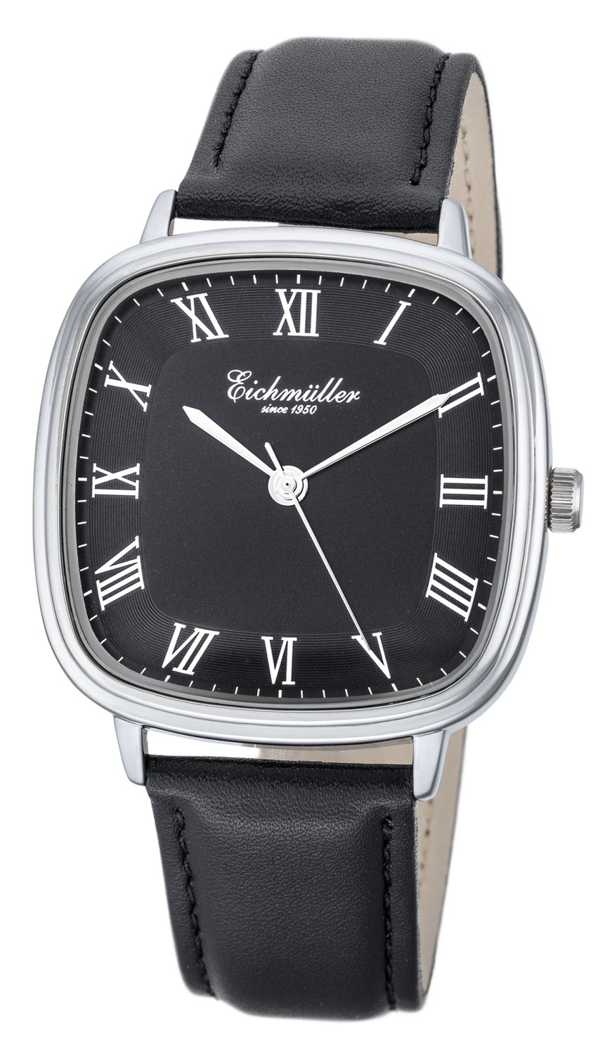 Eichmüller Rechthoekig Herenhorloge - Zwarte Horlogeband - Zwarte Wijzerplaat met Romeinse Cijfers - Quartz Uurwerk - 39x39 mm