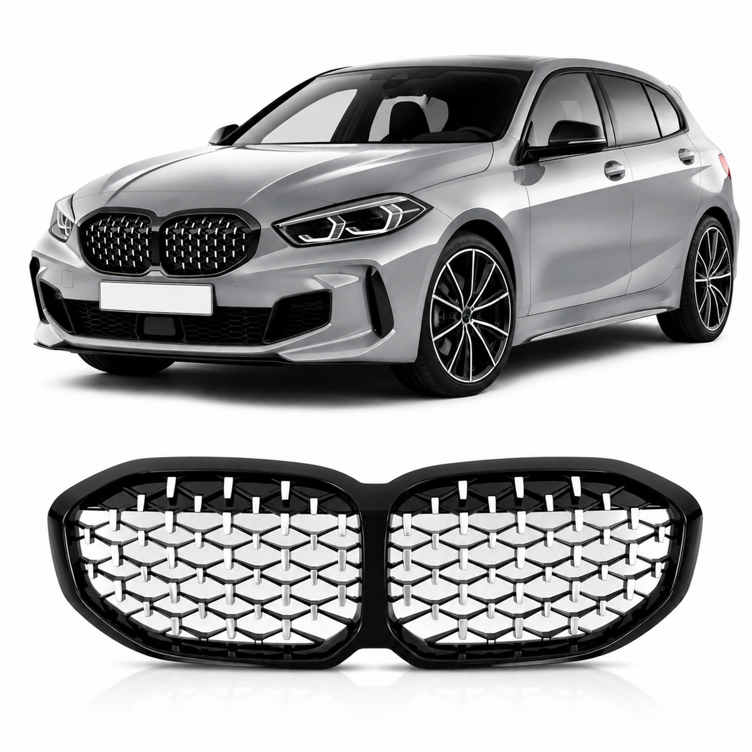 Grill Nieren Geschikt voor BMW 1 Serie F40 F41 Diamond Grill Glans Zwart met Chroom 2019-2026