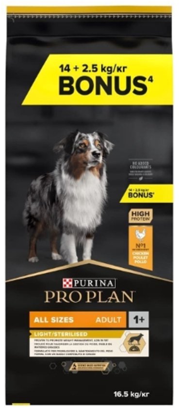 Grote zak Pro Plan hondenvoer met een Australische herder, 'BONUS 4' en 'HIGH PROTEIN' in gele letters op een zwarte achtergrond.