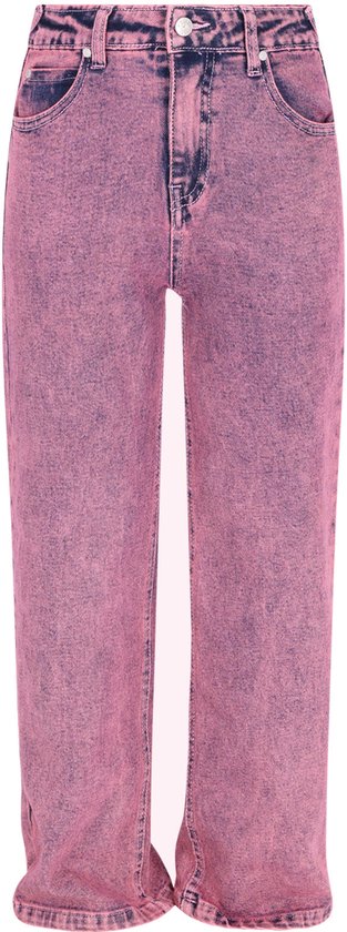 Roze jeans met acid wash en wijde pijpen, voorzien van een knoopsluiting en riemlussen.