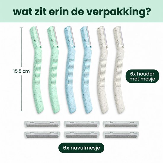 Zes dermaplaning gezichtsverwijderaars: 3 lichtgroen, 2 lichtblauw, 1 crème, met 6 reservemesjes.