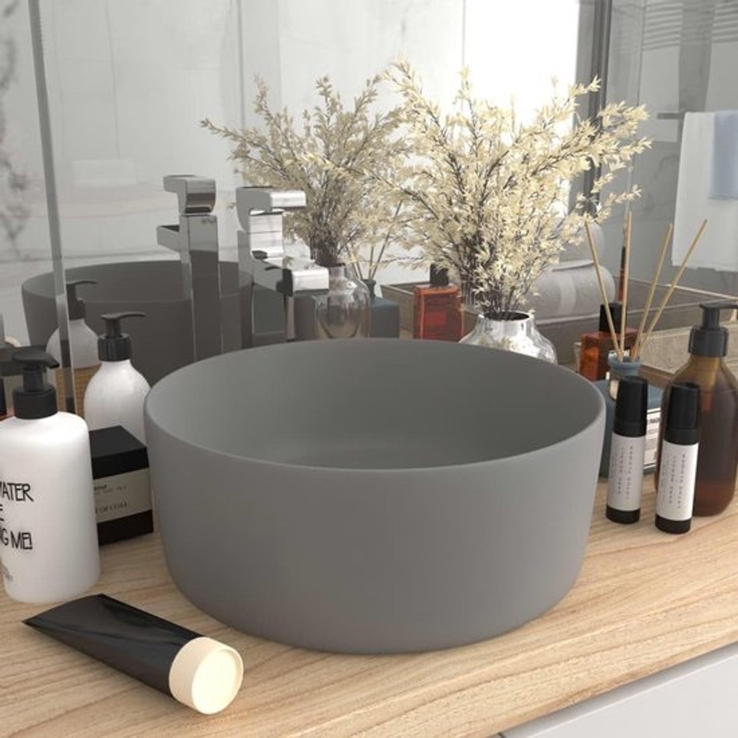 Ronde Wastafel - Keramische Wasbak - Badkamer Toilet - Matte Afwerking - 400mm Breedte - Lichtgrijs