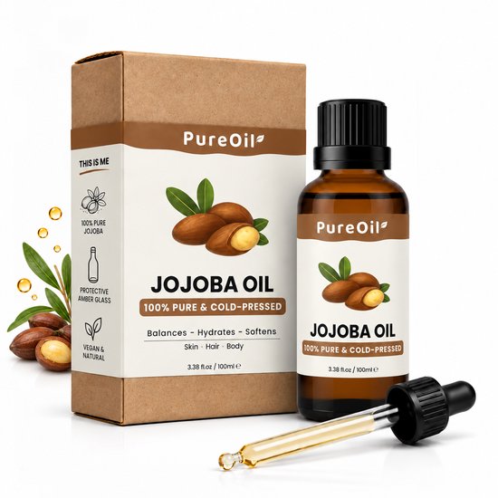 PureOil Jojoba Olie, 100ml flesje met druppelaar, in bruin kartonnen doosje. Tekst: '100% PURE JOJOBA'.