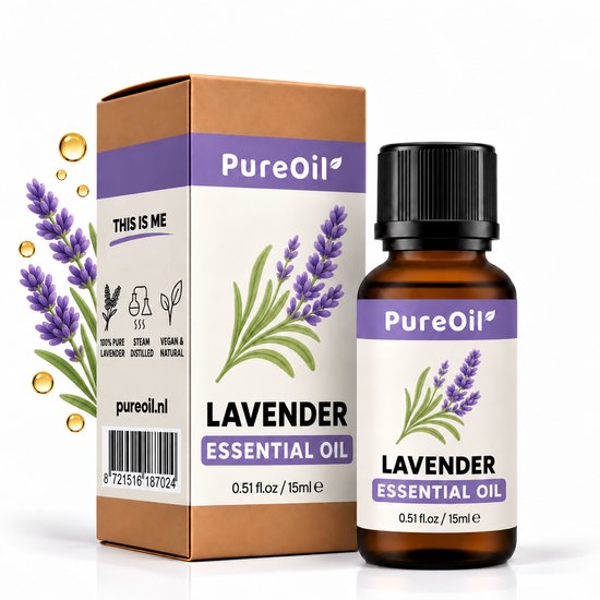 PureOil Lavendel etherische olie flesje van 15ml met doosje. Paarse lavendelbloemen en gouden druppels.