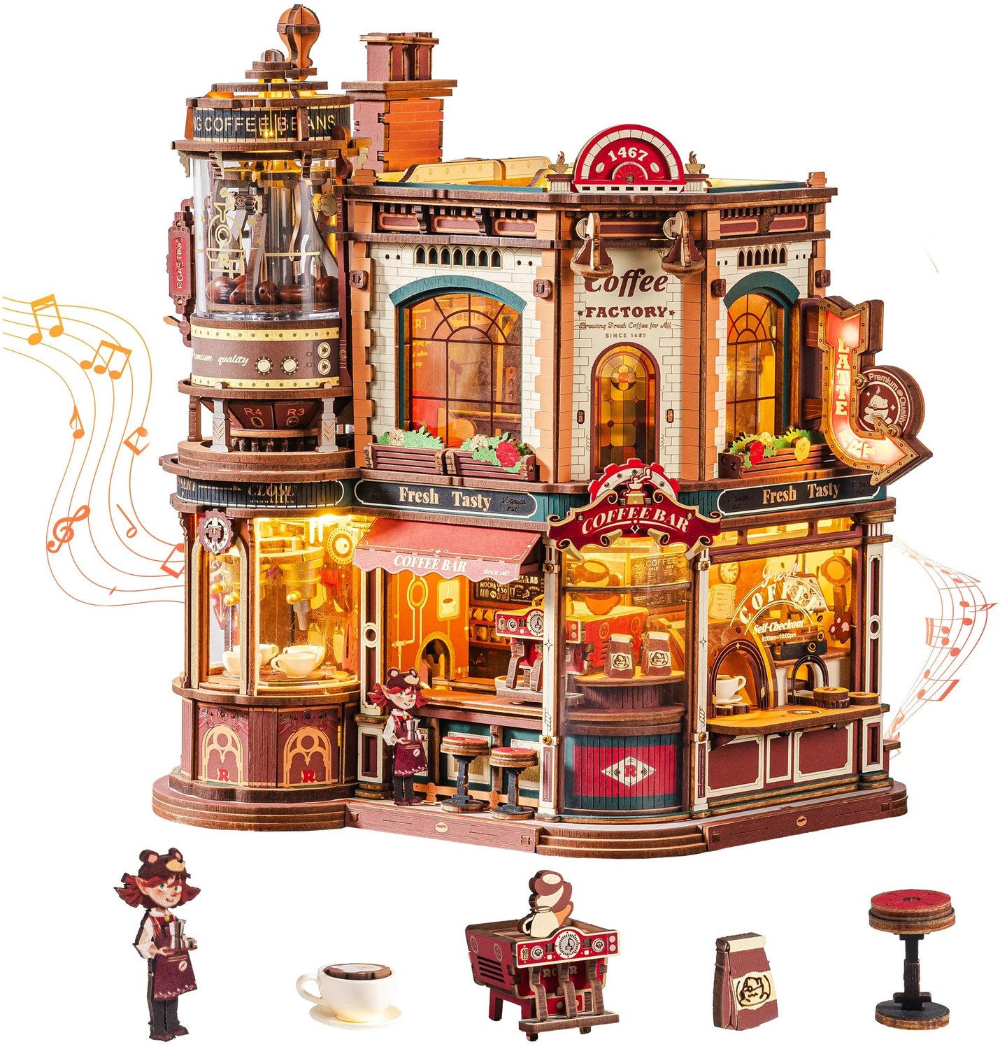Sellino Houten puzzel - Mechanische Koffiefabriek - 3D Houten Bouwset met 593 Onderdelen - Bewegende Tandwielen - Muzeik & Sfeer