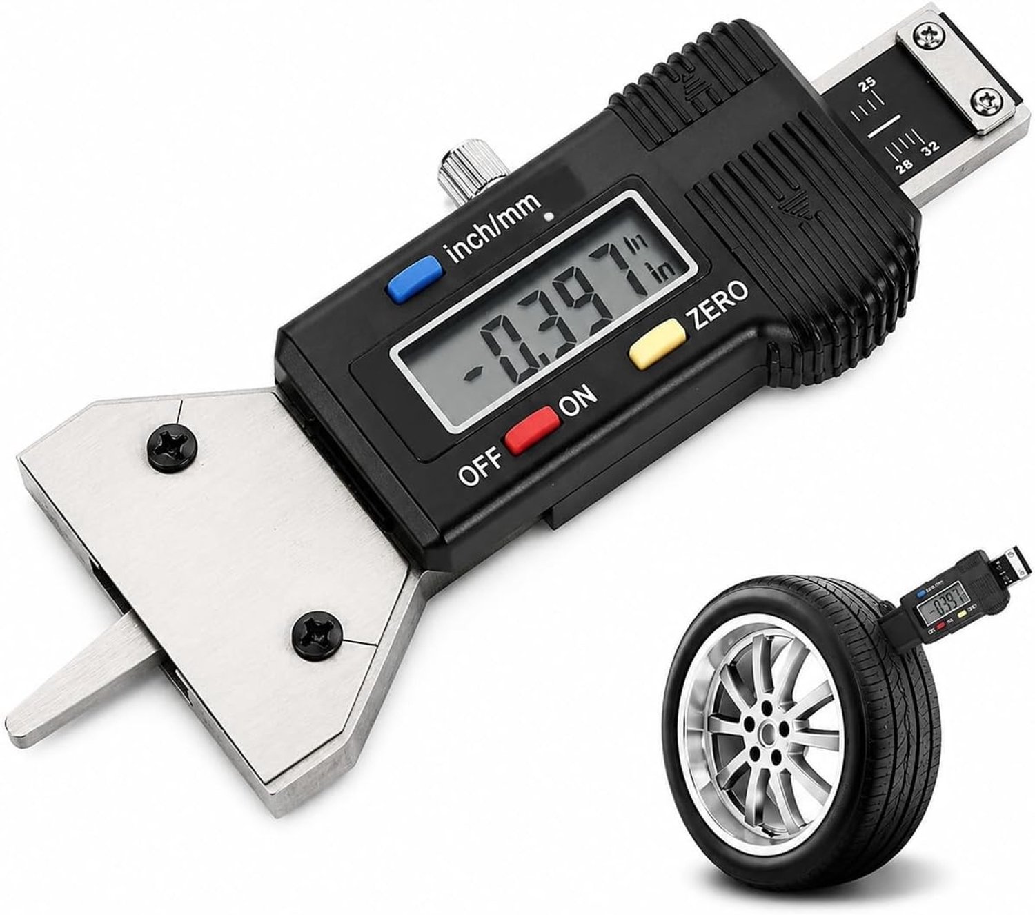 Digitale Profieldieptemeter voor Banden - Zwart - 0-25 mm - LCD Display - Voor Bandenherkenning en Dieptemeting