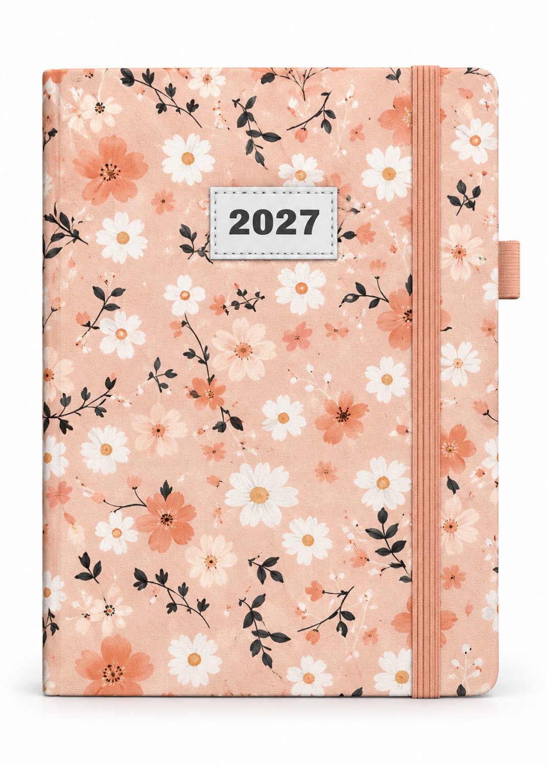 Weekagenda 2027 A5 – 1 week op 2 pagina’s – Harde Kaft en Elastiek Sluiting - Bloemen Wit Blauw & Roze