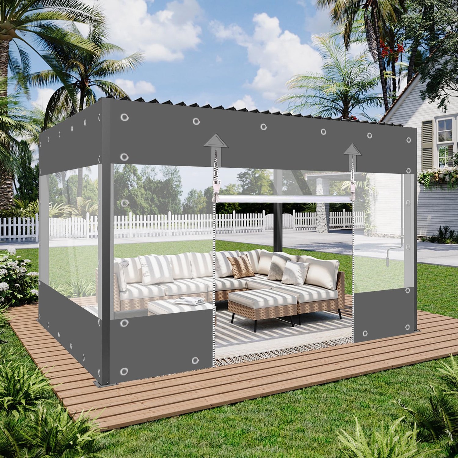 Transparant pvc-zeil, 650 g/m², buitengordijn met ritssluiting, waterdicht, wind- en regenbescherming, voor paviljoen, balkons, terrassen (grijs, hoog