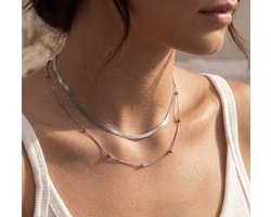 Layered Halsketting Set - Zilverkleurig - Roestvrijstaal - Dubbele Bolletjes en Slangen Ketting - Verstelbare Parelketting RVS - Cadeau voor Vrouwen - Moederdag Tip