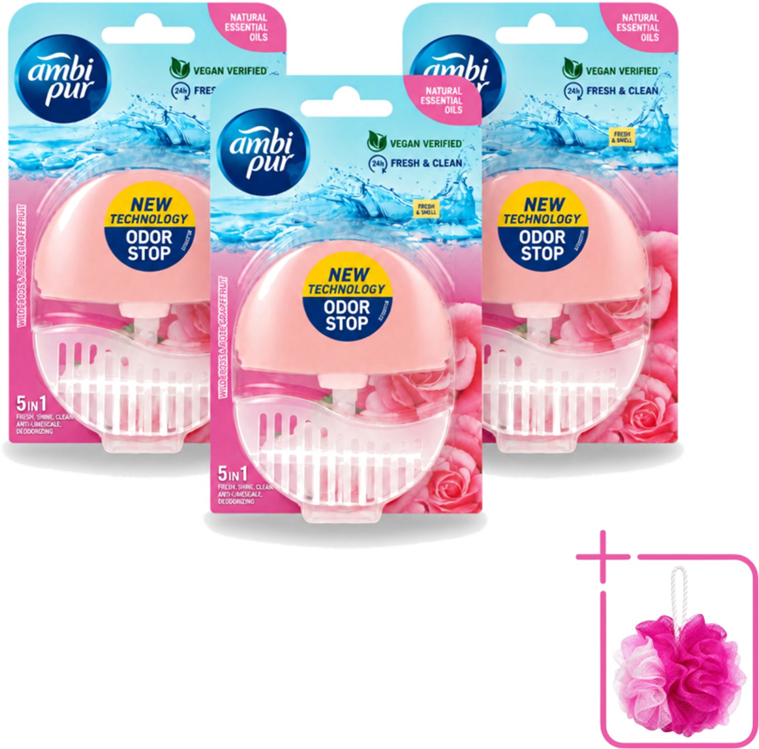 3 x Ambi Pur - Toiletblok - 5in1- Wilde Roos & Roze Grapefruit - 1 Blok - Bulkverpakking - Toilet - Douchemop - Toiletblok