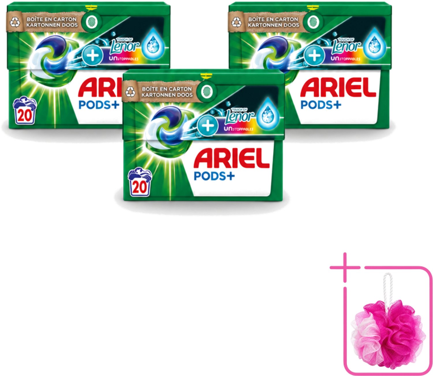3 x Ariel Original - Touch of Lenor Unstoppables - Wasmiddelcapsules - Pods+ - Gekleurde Was - 20 Wasbeurten - Bulkverpakking - Wasmiddel capsules - Douchemop - Gekleurde was