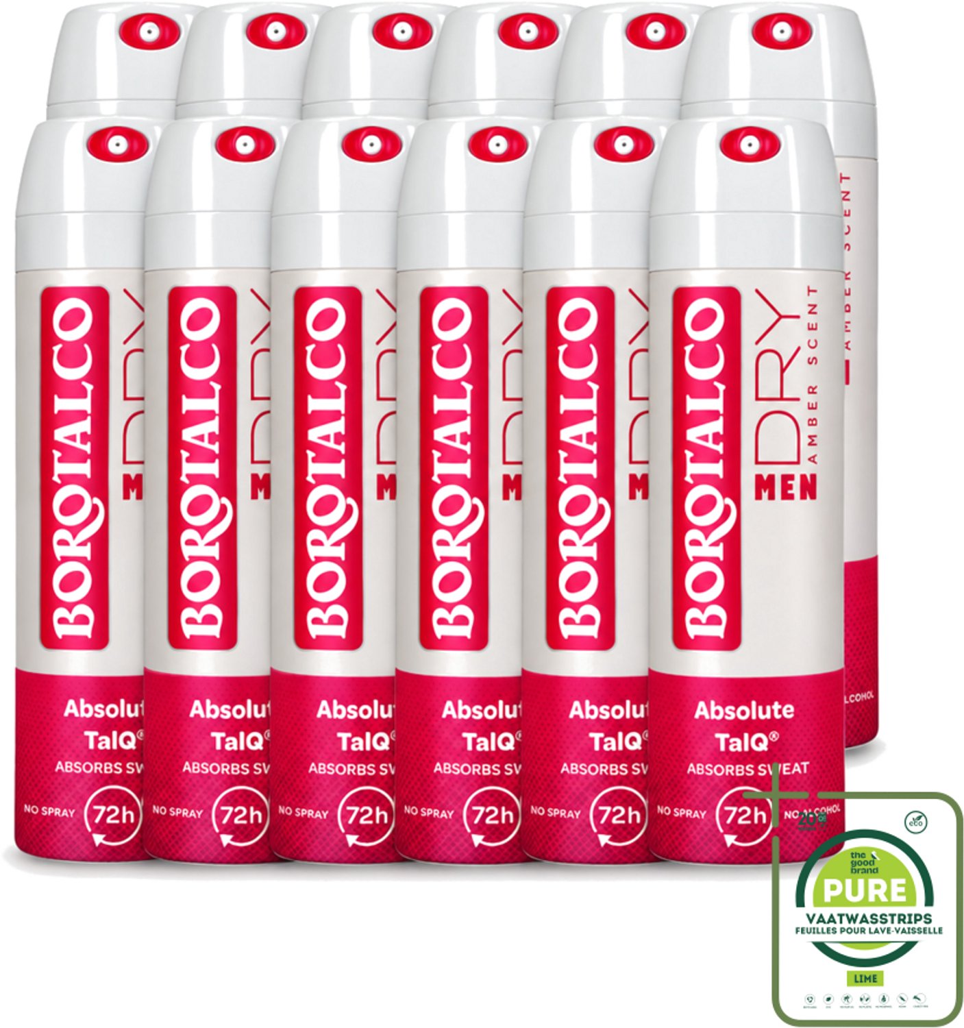 12 x Borotalco – Deodorant Spray – Men Amber Geur – 150 ml - Grootverpakking - Vaatwasstrips - Deodorant Spray - Mannelijke Geur - Amber - Frisheid - Transpiratie Bescherming