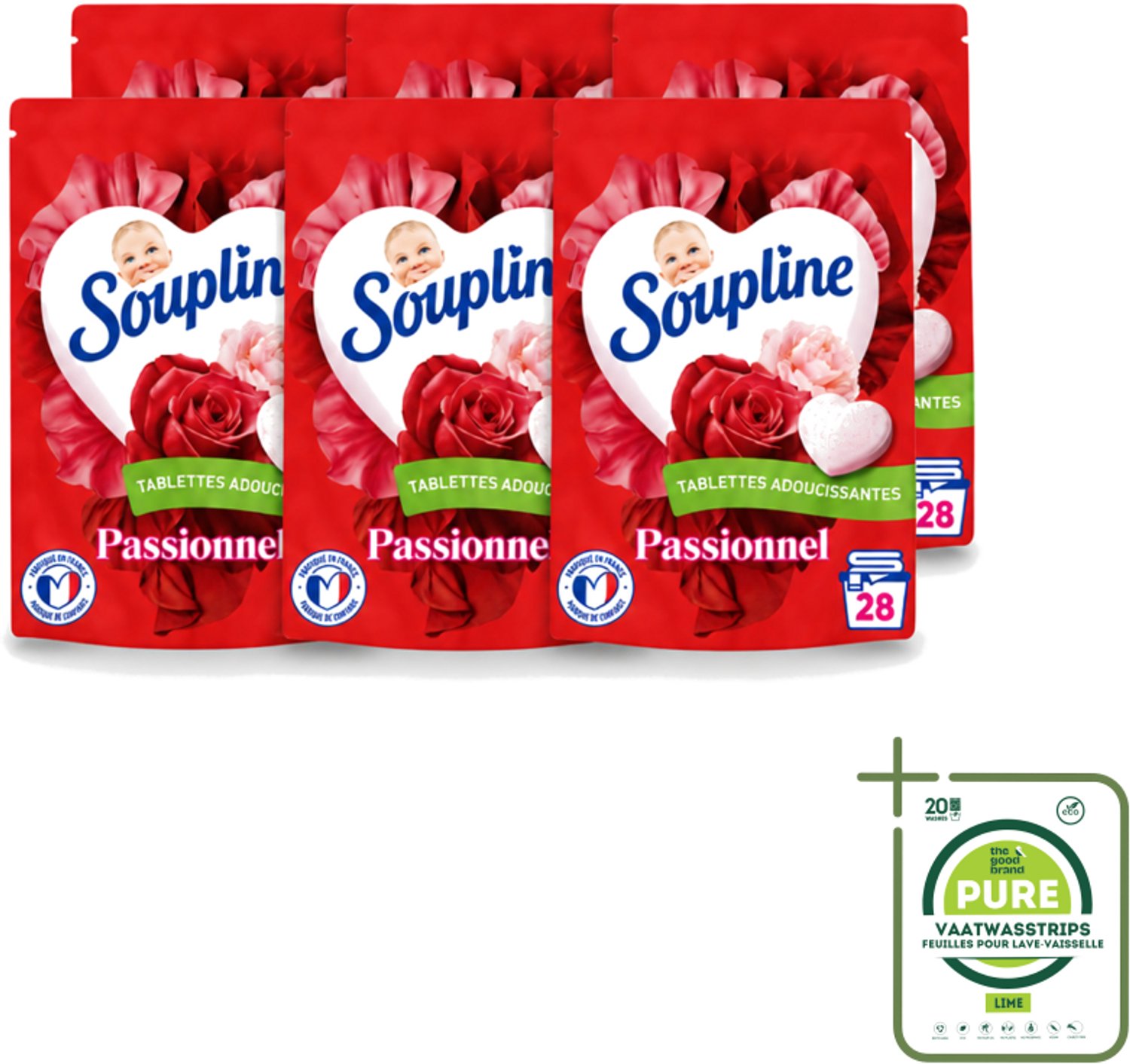 6 x Soupline – Wasverzachtertabletten – Harten Straling van Passiebloemboeket - 28 tabletten - Grootverpakking - Wasverzachter Tablet - Wasverzachter In Tabletvorm - Rozengeur Wasverzachter - Verzachte Wasverzachter - Wasverzachter Voor Kleding