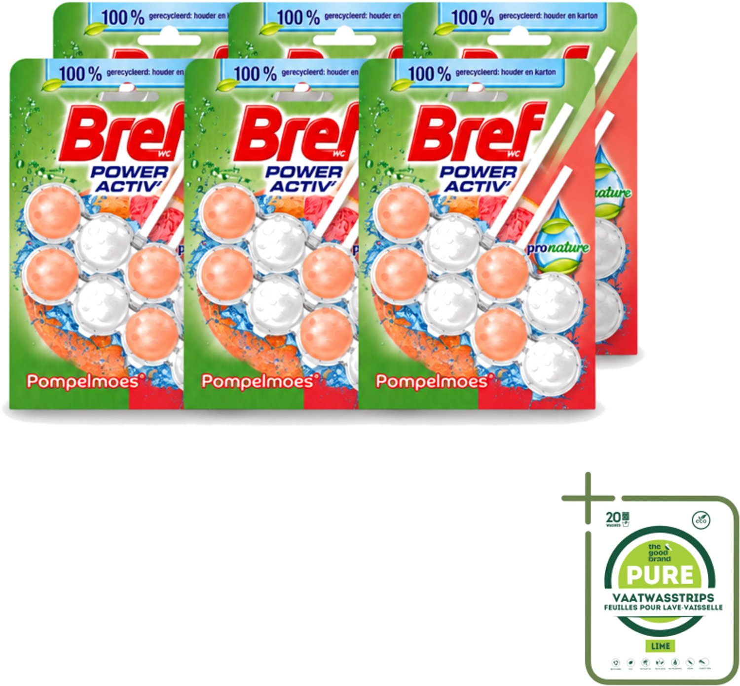 6 x Bref – Toiletblok – Pronature Pompelmoes – Duo Pack - Grootverpakking - Vaatwasstrips - Bref Pronature - Pompelmoes Toilet - Duurzame Toilet - Citrus Toiletverfrisser - Toiletblok Duo Pack
