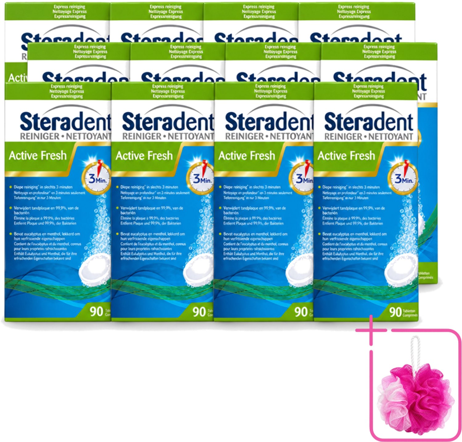 12 x Steradent - Kunstgebitreiniger - Active Fresh - Menthol En Eucalyptus - 90 Tabletten - Bulkverpakking - Kunstgebit reinigen - Douchemop - Kunstgebit reiniging