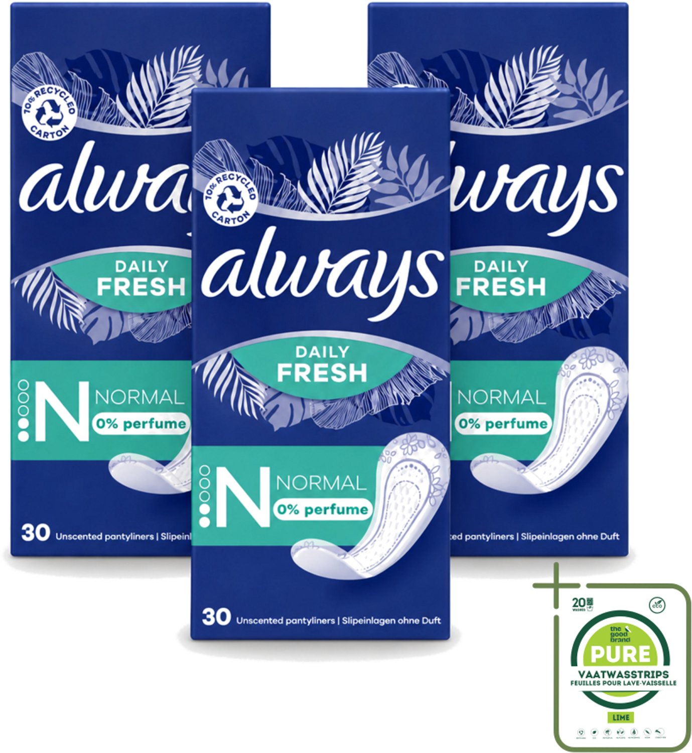 3 x Always Daily Fresh - Inlegkruisjes - Normaal - Ongeparfumeerd - 30 Inlegkruisjes - Grootverpakking - Inlegkruisjes - Geurneutralisatie - Actipearls - Dermatologisch Getest - Droog Gevoel