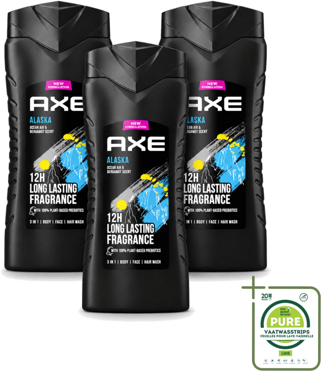 3 x Axe XL - 3-in-1 Douchegel - Alaska - Ocean Air & Bergamot - 12hrs Long Lasting Scent - 400 ml - Grootverpakking - Vaatwasstrips - Douchegel - Oceaanlucht - Bergamot - Frisheid - 3-in-1
