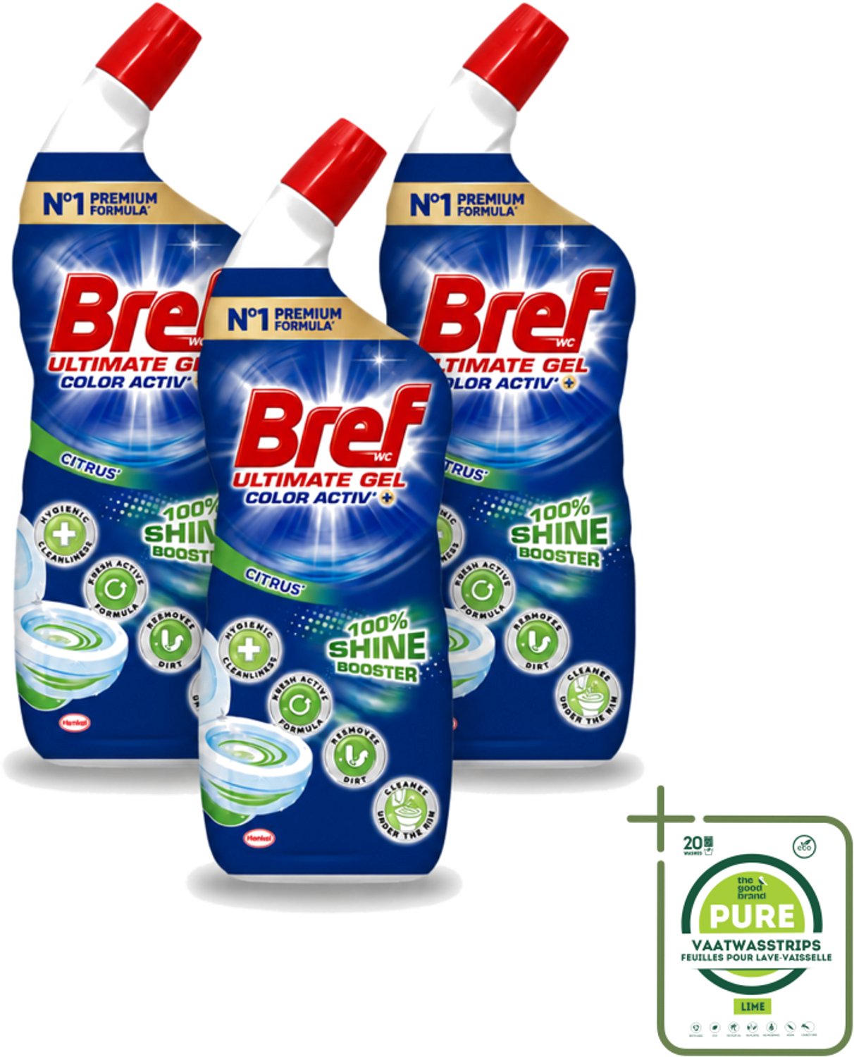 3 x Bref WC - Ultimate Gel Color Activ+ - Toiletreiniger - Citrus - 700 ml - Grootverpakking - Vaatwasstrips - Hygiëne Toilet - Toilet Reinigen - Toilet Reinigingsgel - Toilet Reinigingsproduct - Toilet Kalk Bestrijden