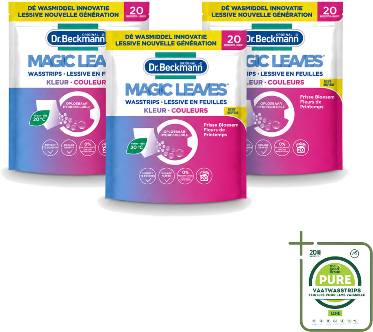 3 x Dr. Beckmann - Magic Leaves - Wasstrips - Gekleurde Was - Frisse Bloesem - 20 Wasbeurten - Grootverpakking - Vaatwasstrips - Wasstrips - Gekleurde Was - Frisse Geur - Milieuvriendelijk - Wasmiddel