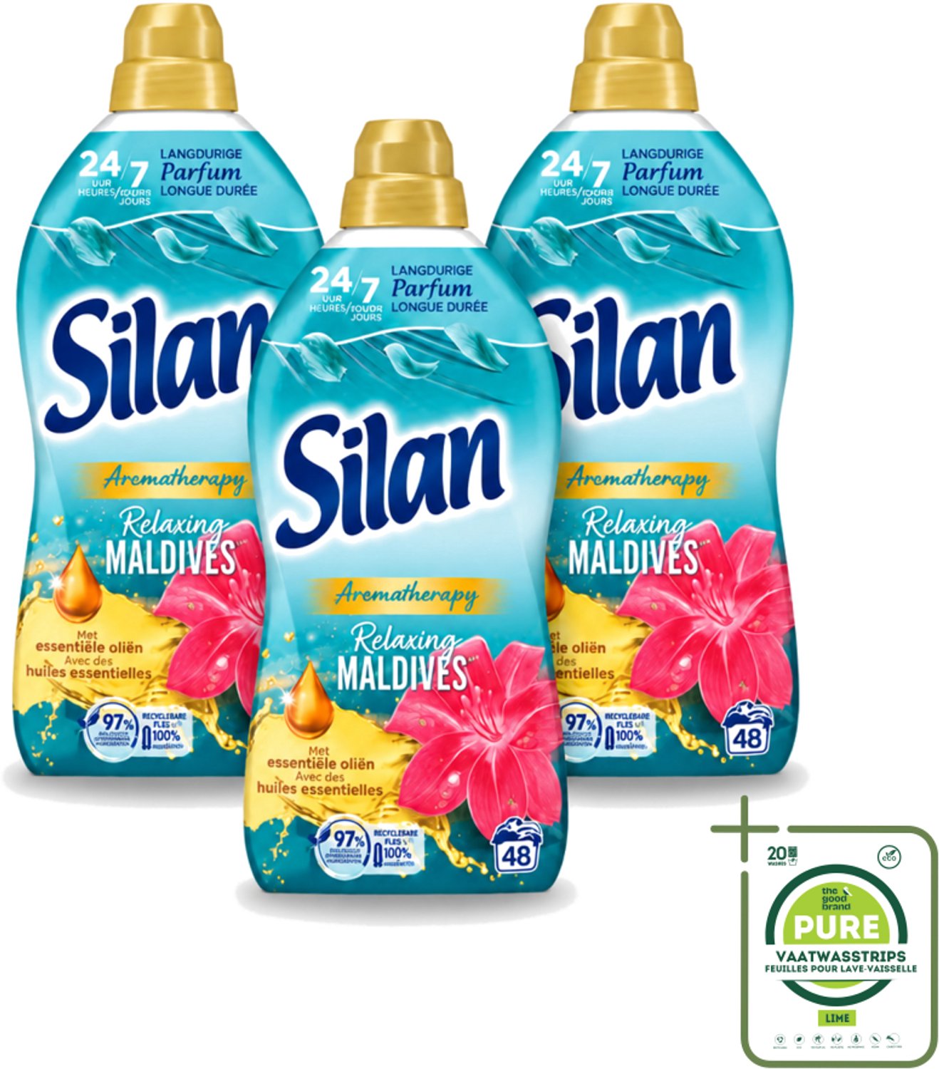 3 x Silan Aromatherapy - Wasverzachter - Relaxing Maldives - Essentiële Oliën en Langdurige Parfum - 48 Wasbeurten - 1.056L - Grootverpakking - Vaatwasstrips - Wasverzachter - Tropische Geur - Essentiële Oliën - Kleding Zachtheid - Wasgoed Frisheid