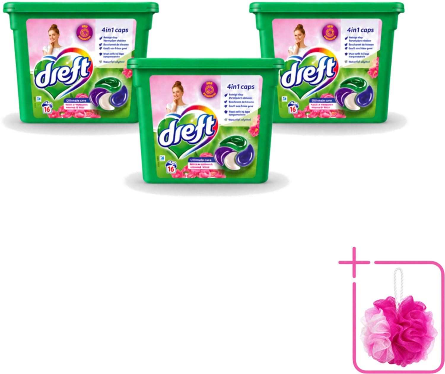 3 x Dreft - Wasmiddelcapsules 4in1 - Witte en Gekleurde Was - Vleugje Roze - 16 Wasbeurten - Bulkverpakking - Wasmiddelcapsules - Douchemop - Was