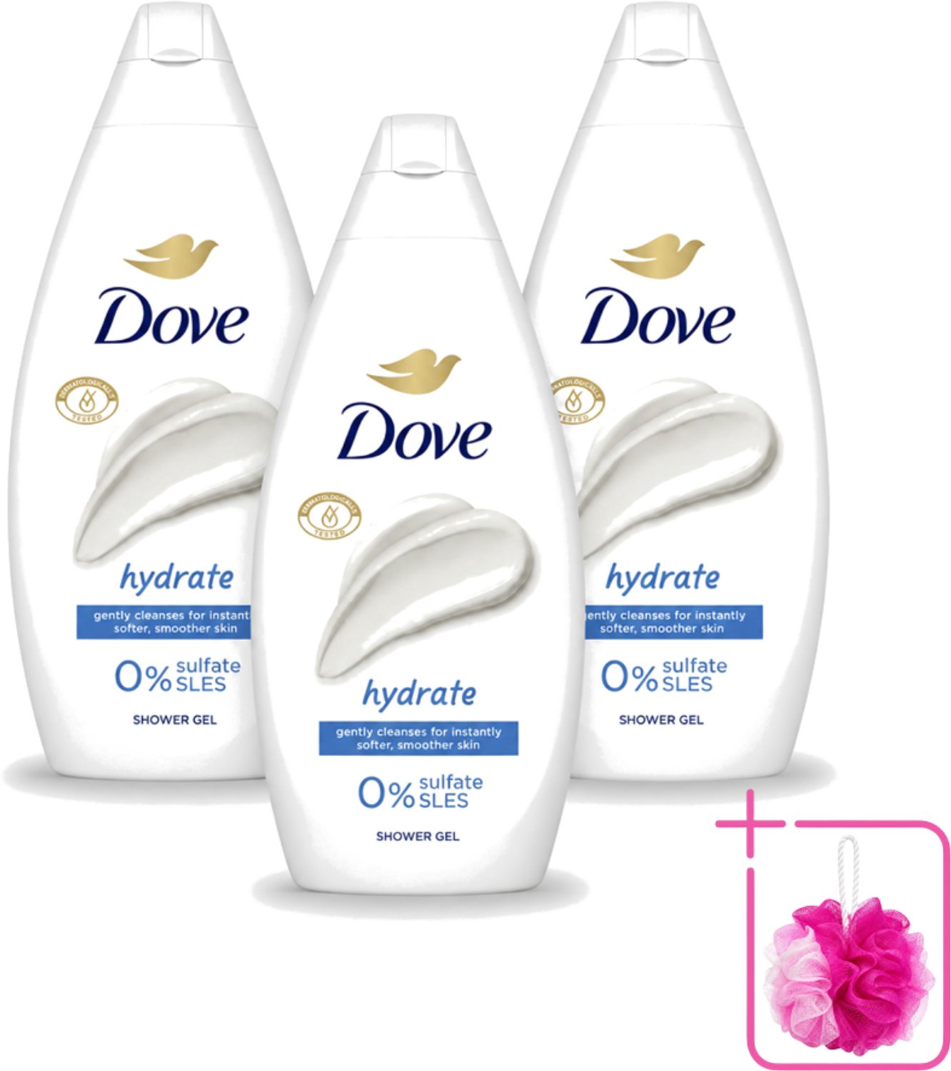 3 x Dove Hydrate - Douchegel - Sulfaatvrij - 250 ml - Bulkverpakking - Hydraterende douchegel - Douchemop - Sulfaatvrije douchegel