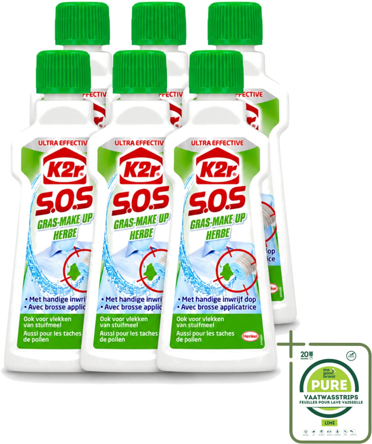 6 x K2R - SOS Vlekverwijderaar - Gras & Make-up - 50ml - Grootverpakking - Vaatwasstrips - Vlekverwijderaar - Grasvlek - Make-upvlek - Textielverwijderaar - Vlekken Verwijderen