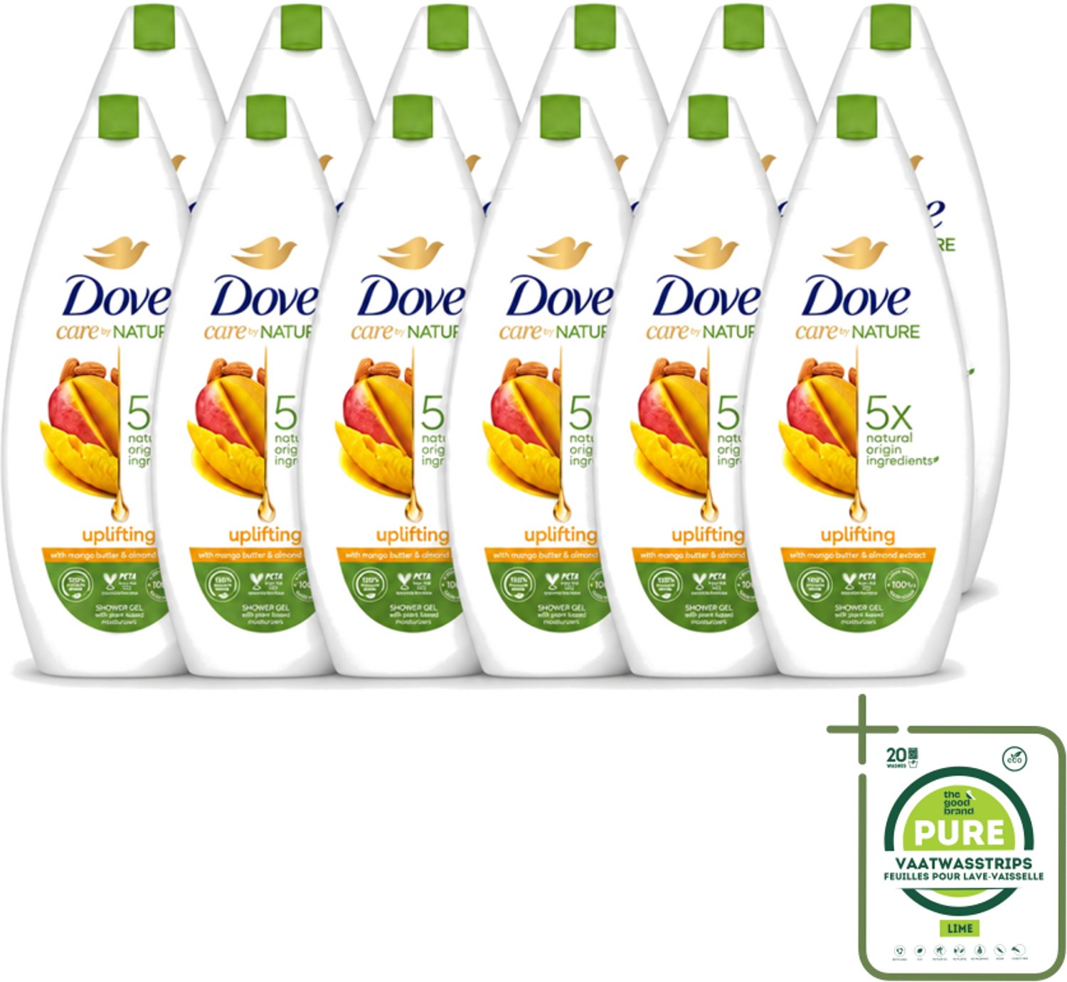 12 x Dove Care By Nature - Uplifting - Douchegel - Mangoboter & Almond Extract - 225 ml - Grootverpakking - Vaatwasstrips - Douchegel - Huidverzorging - Opwekkende Douchegel - Hydraterende Douchegel - Mangoboter