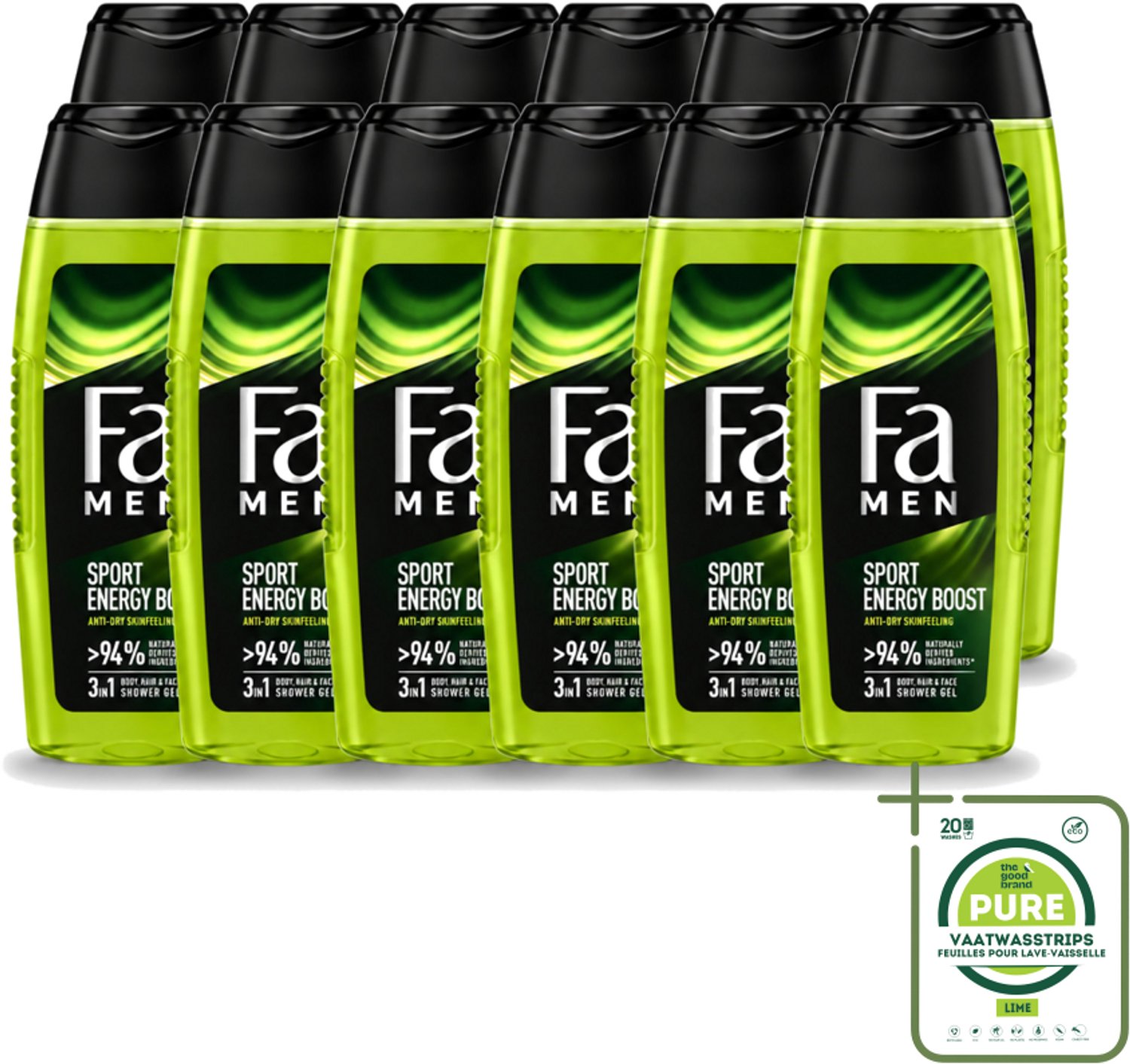 12 x Fa Men - Sport Energy Boost - Doucemiddel - Voor Lichaam, Haar & Gezicht - 250 ml - Grootverpakking - Vaatwasstrips - Sport Energie - Frisheid - Lichaam Reinigen - Haar Verzorgen - Gezicht Verzorgen