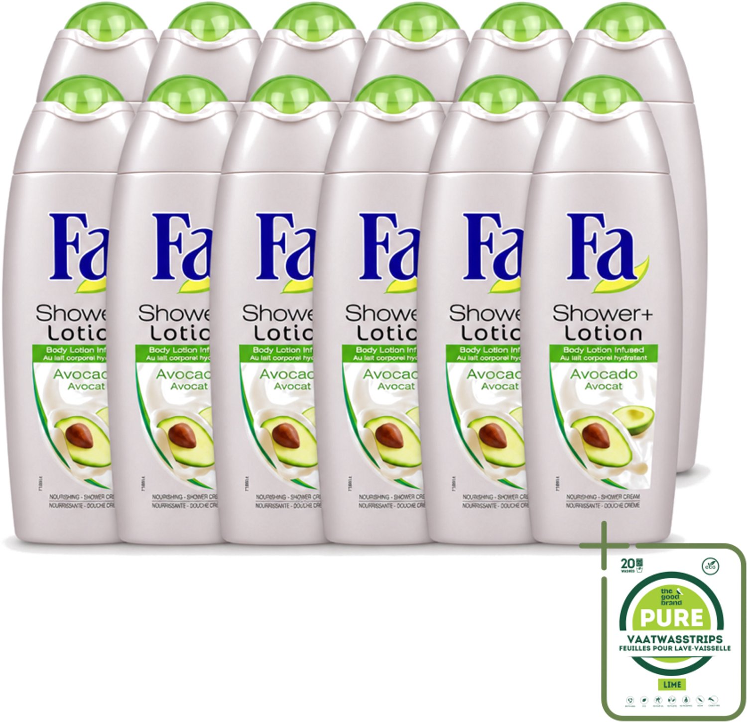 12 x Fa - Douchecrème Met Lotion - Avocado - 250 ml - Grootverpakking - Vaatwasstrips - Douchecrème - Bodylotion - Avocado Geur - Hydratatie - Huid Verzorging