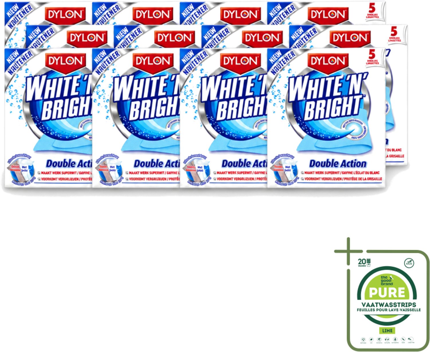 12 x Dylon - Vlekverwijderaar - White & Bright - Superwit & Vlekkeloos - 5 Doekjes - Grootverpakking - Vaatwasstrips - Wit Maken Kleding - Vlekverwijderaar - Wit Textiel - Koffievlek - Theevlek