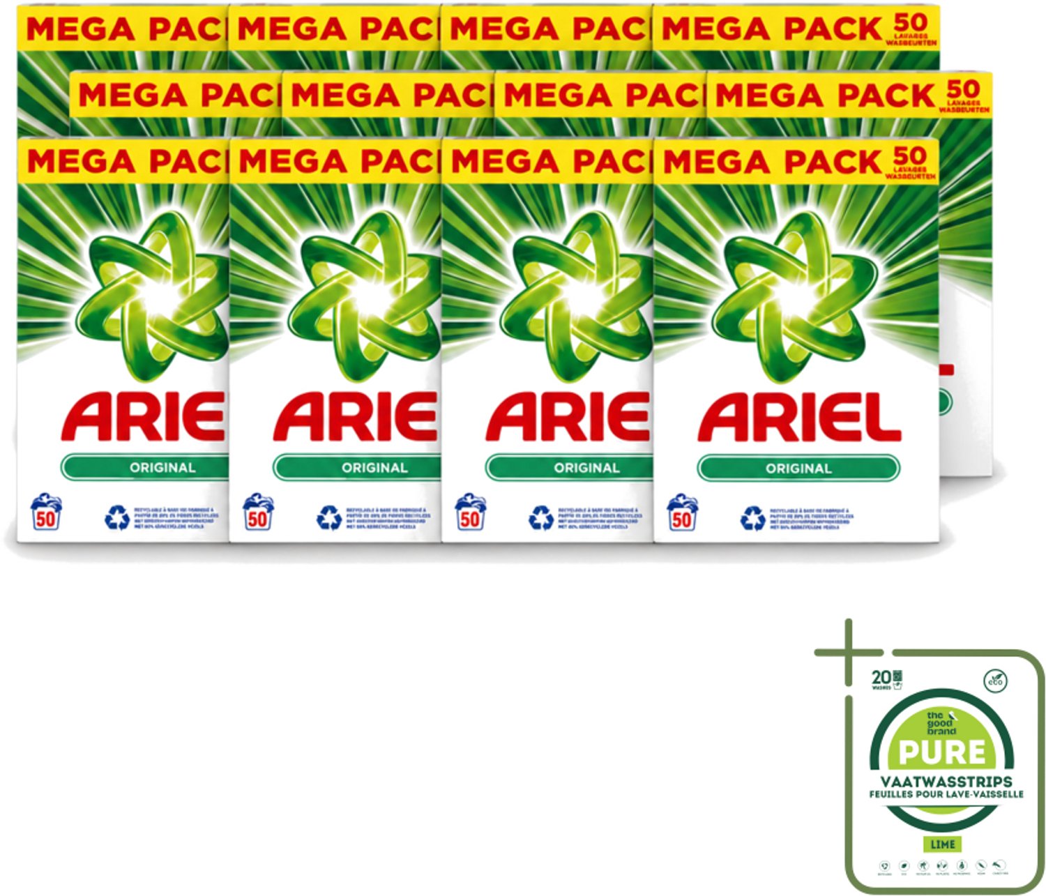 12 x Ariel Original - Waspoeder - Witte en Lichtgekleurde Was - 50 Wasbeurten - Grootverpakking - Vaatwasstrips - Waspoeder - Reiniging - Wasmachine - Energiebesparing - Milieuvriendelijk