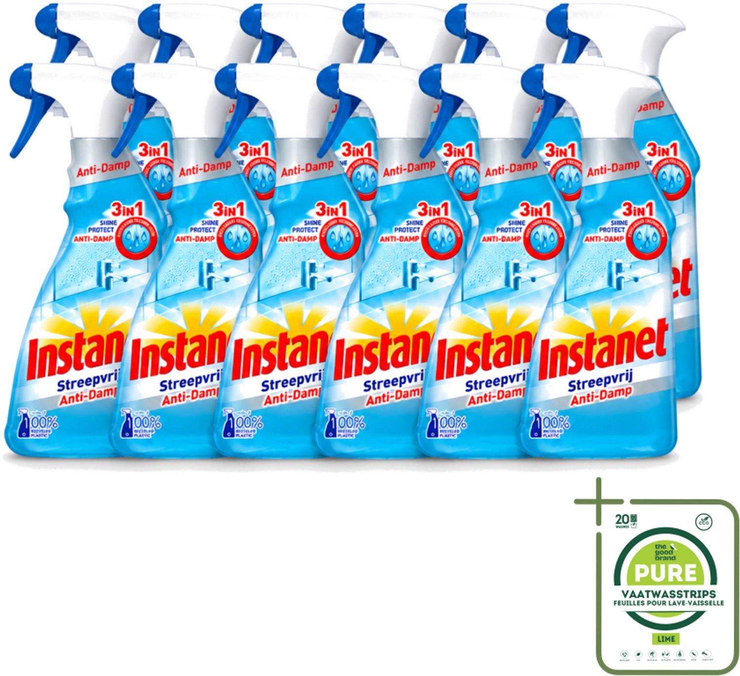 12 x Instanet - Schoonmaakspray - Anti-Damp - Streepvrij - 3in1 - 500 ml - Grootverpakking - Vaatwasstrips - Schoonmaak Spray - Anti-damp - Streepvrij - Ramen Reinigen - Glanzend Resultaat