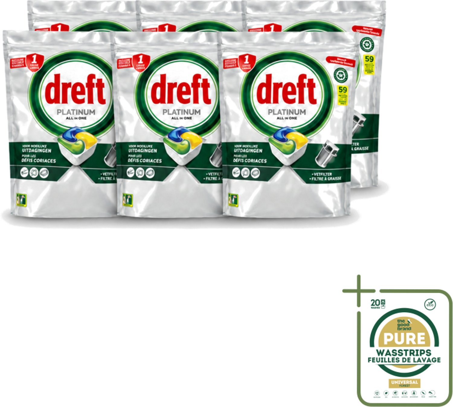 6 x Dreft – Vaatwastabletten – All-in-One Platinum – Lemon – 59 Tabletten - Vaatwastabletten - Vaatwasser - Vetverwijderen - Glasbescherming - Citroengeur