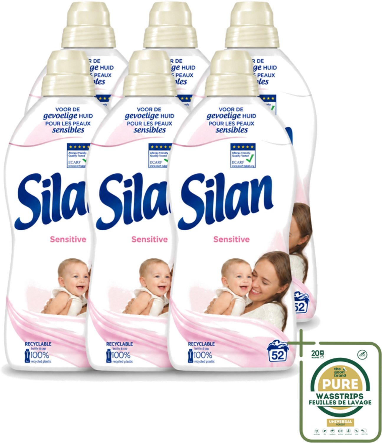6 x Silan – Wasverzachter – Sensitive – 1144 ml - Wasstrips - Wasverzachter - Gevoelige Huid - Hypoallergene - Huidvriendelijk - Wasgoed Zachtheid