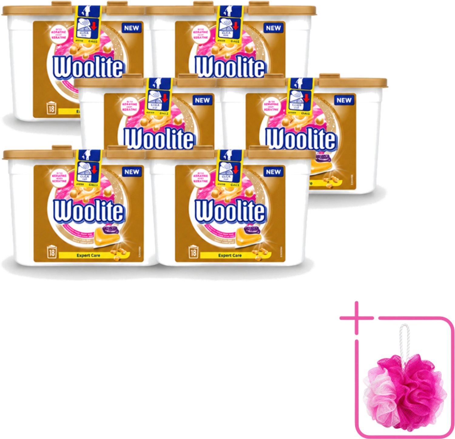 6 x Woolite Expert Care - Wasmiddelcapsules - Met Keratine - Delicate Was - 18 Wasbeurten - Bulkverpakking - Delicate was - Douchemop - Keratine wasmiddel