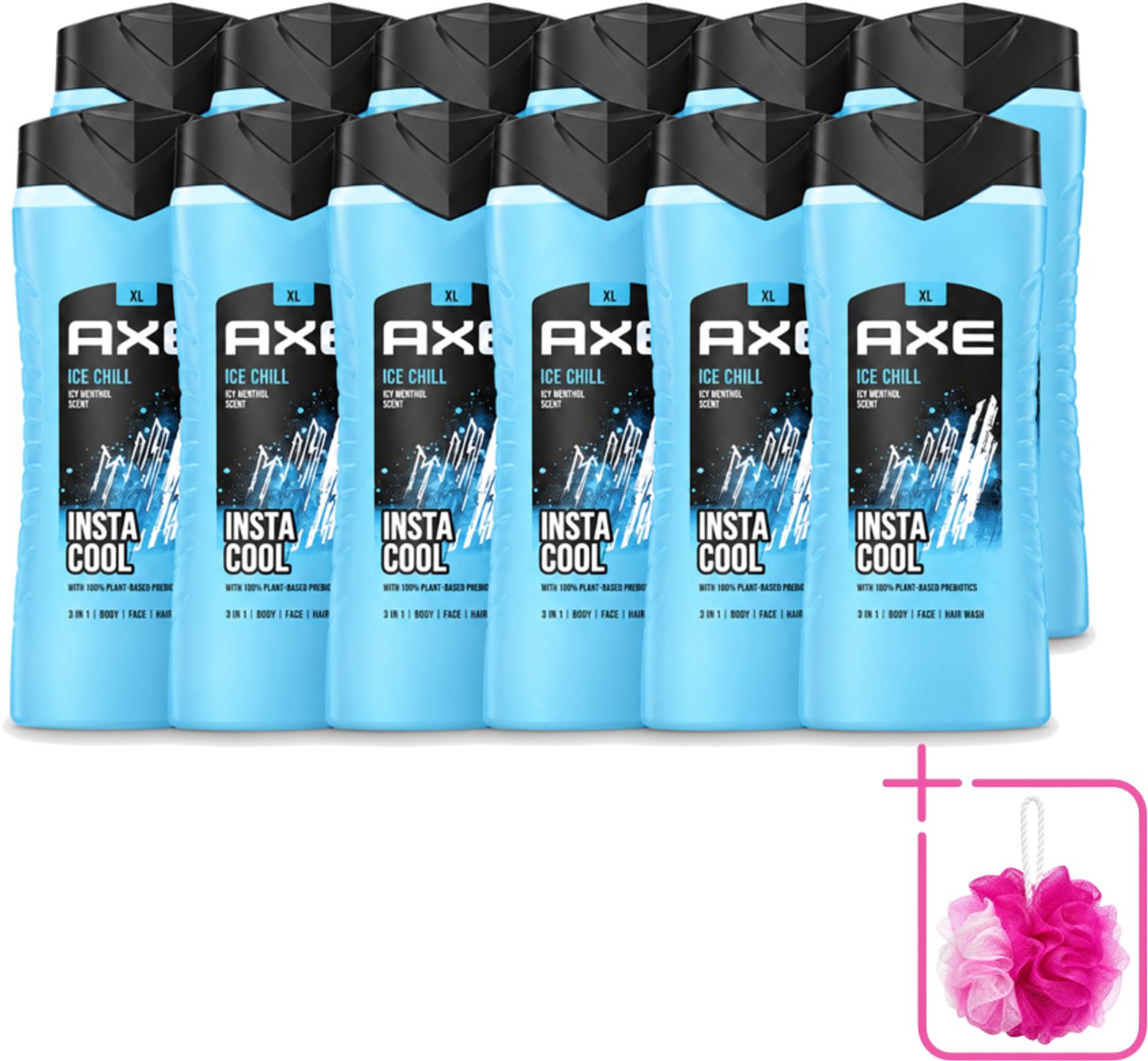 12 x Axe XL - 3-in-1 Douchegel - Ice Chill - Icy Menthol - Insta Cool - 400 ml - Bulkverpakking - Douchegel - Douchemop - Frisheid