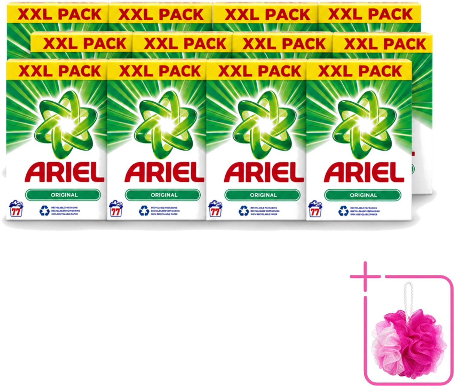 12 x Ariel Original XXL - Waspoeder - Witte en Lichtgekleurde Was - 77 Wasbeurten - Bulkverpakking - Waspoeder - Douchemop - Wasmiddel