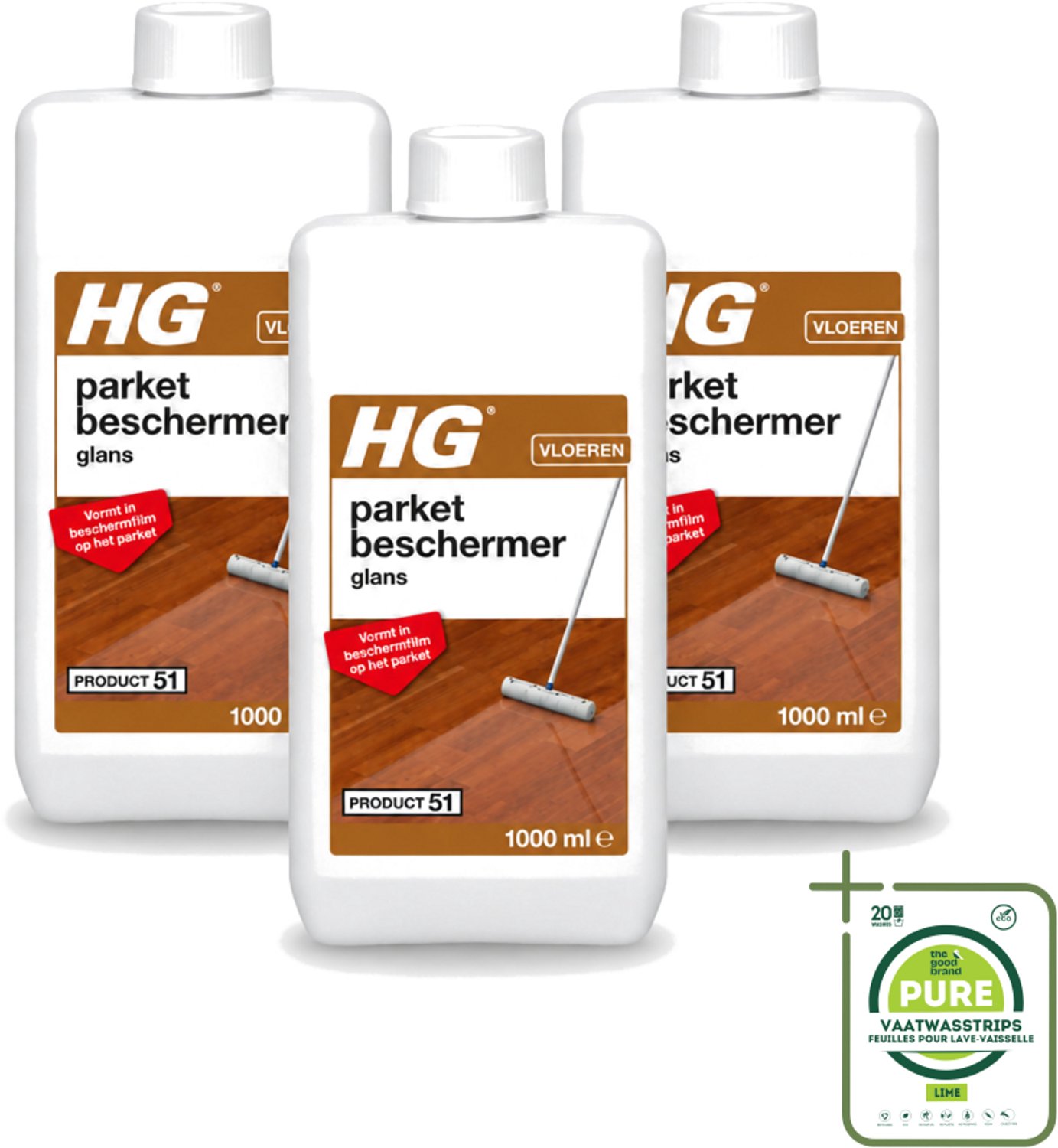 3 x HG - Parket Beschermer Glans - Vloeibare Emulsie - Vormt in Beschermfilm - 1L - Grootverpakking - Vaatwasstrips - Parket Beschermer - Slijtage Bescherming - Krassen Bescherming - Anti-slip - Parket Beschermfilm