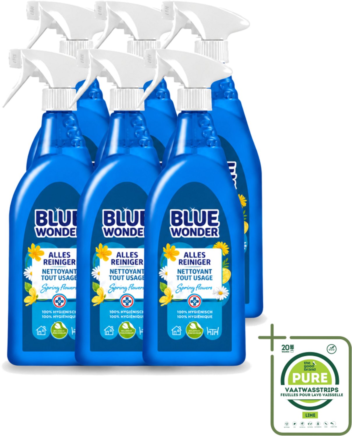 6 x Blue Wonder - Allesreiniger - Lente Bloemen - Hygiënisch - Biologisch Afbreekbaar - 750 ml - Grootverpakking - Allesreiniger - Reinigings Spray - Lentegeur - Natuurlijke Reiniger - Biologisch Afbreekbaar